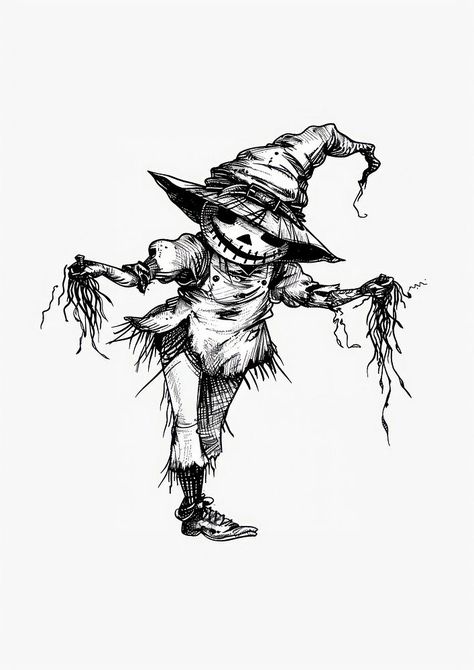 Creepy scarecrow ink drawing | free image by rawpixel.com / Pitcha Benrohman Creepy Scarecrow, Scarecrow Drawing, Scarecrow Art, Spooky Halloween Art, Crows Drawing, Cute Scarecrow, Black And White Books, Drawings Ideas, Halloween Artwork