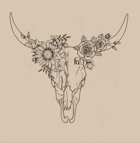 Steer Skull With Flowers Tattoo, Longhorn Tattoo Placement, Women Tattoo On Back, Cow Skull Hat, Long Horn Tattoo With Flowers, Bull Skull And Flowers Tattoo, Above The Knee Tattoo Western, Cow Skull With Sunflowers Tattoo, Longhorn Floral Tattoo