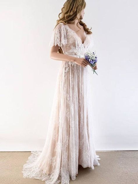 Wedding Dresses Online | Gorgeous V-Neck Cap Sleeves Lace Wedding Dresses, discover Wedding Dresses With Sleeves on sale with Free Shipping Rustic Prom, Prom Dress V Neck, Wedding Dress Necklace, Ivory Lace Wedding Dress, Beach Wedding Gown, Beach Bridal Gown, Rustic Wedding Dresses, Applique Wedding Dress, Lace Bridal