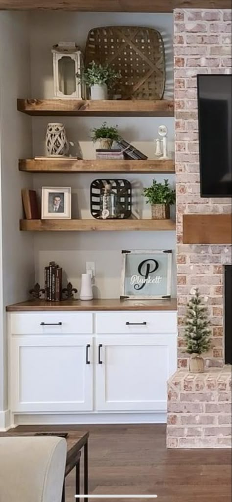 Modern Farmhouse Built In Decor, Shelf’s Beside Fireplace, Cabinet Shelf Next To Fireplace, Wall Built Ins Living Room With Fireplace, Accent Built Ins Living Rooms, Built In Shelves Living Room Brick Fireplace, Decorating Shelves Beside Fireplace, Custom Shelves Around Fireplace, Chimney Shelf Decor