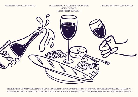 "SECRET DINING CLUB" RESTAURANT :: Behance Graphic Design Restaurant, Wine Graphic Design, Restaurant Illustration, Cafe Branding Design, Restaurant App, Club Restaurant, Cafe Branding, Retro Graphic Design, Illustration Product