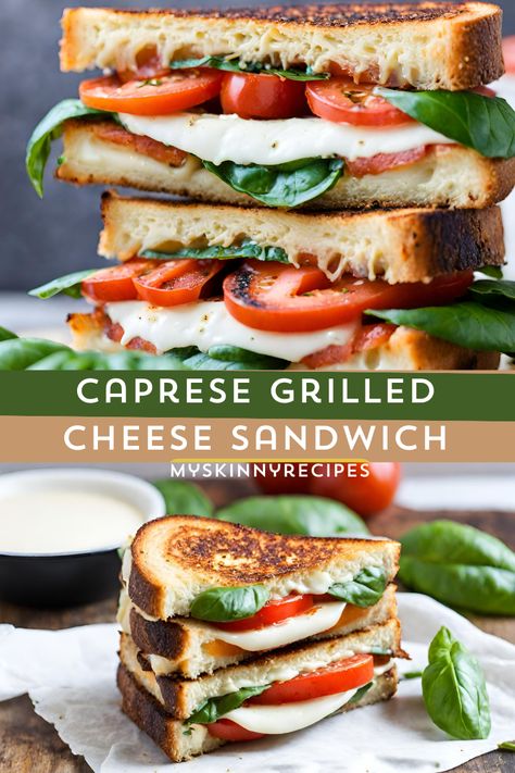 Caprese Grilled Cheese Sandwich: A mouthwatering twist on a classic favorite. Layers of fresh mozzarella, tomatoes, and basil, drizzled with balsamic glaze, sandwiched between golden, buttery bread. Perfect for a quick and delicious lunch or dinner #myskinnyrecipes #Caprese Grilled Cheese Sandwich Tomato And Mozzarella Sandwich, Tomato Mozzarella Sandwich, Caprese Grilled Cheese, Mozzarella Sandwich, Caprese Sandwich, Gourmet Grilling, Bread Sourdough, Special Occasion Food, Tomato Mozzarella