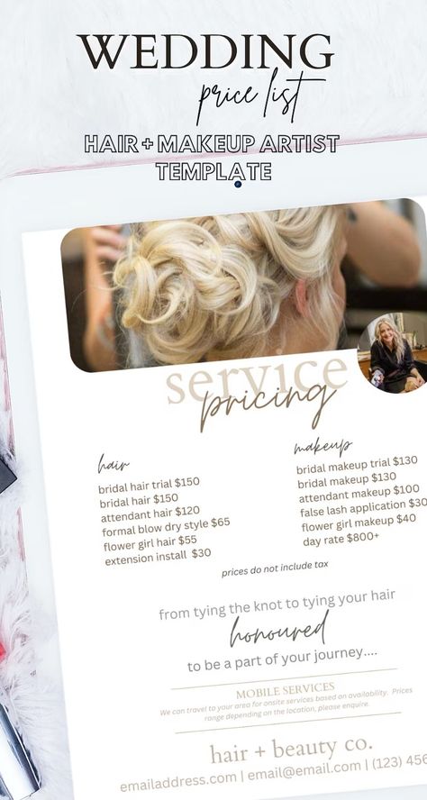 Bridal Hair Stylist Price List Template Wedding Makeup Artist - Etsy Canada Hairdresser Price List, Hair Stylist Price List, Wedding Price List, Makeup Price List, Formal Event Hair, Makeup Artist Website, Wedding Pricing Guide, Stylist Kit, Hair Salon Marketing