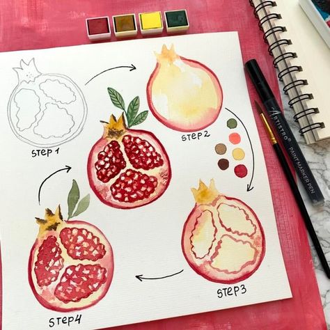 Drawings step by step easy: 67 simple marker drawings& easy paintings Vent Journal, Pomegranate Drawing, Travel Watercolor, Markers Drawing Ideas, Pomegranate Art, Drawing Instructions, Paintings Tutorials, Bunny Watercolor, Watercolor Paintings For Beginners