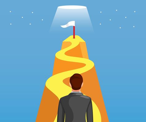 Business man walk or climbing hill to reach goal with flag symbol for success. business development leadership management concept in cartoon illustration vector Success Cartoon Images, Path To Success Illustration, Persistence Illustration, Leadership Posters Ideas, Success Drawing Ideas, Success Illustration Art, Leadership Illustration Art, Leadership Poster Design, Goal Drawing