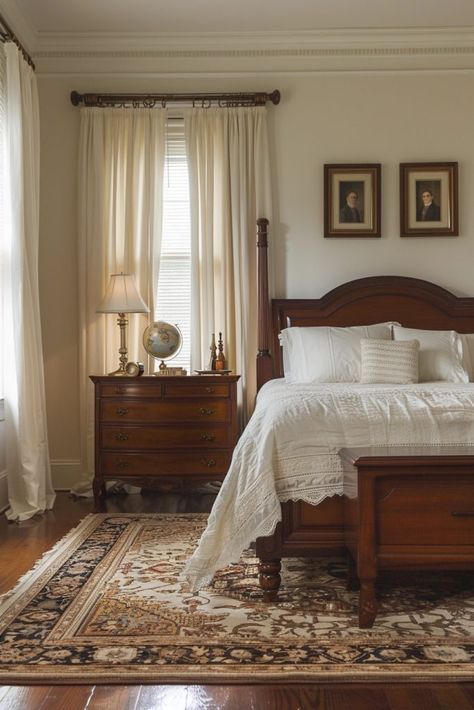 29 Vintage Bedroom Ideas for a Nostalgic Feel 21 Classic Timeless Bedroom Decor, Traditional Classic Bedroom, Traditional Rustic Bedroom, Minimalist Colonial Interior Design, Modern Traditional Interior Design Bedroom, Traditional Vintage Home Decor, Traditional Bedroom Aesthetic, New England Bedroom Decor, Traditional Master Bedrooms Decor Ideas