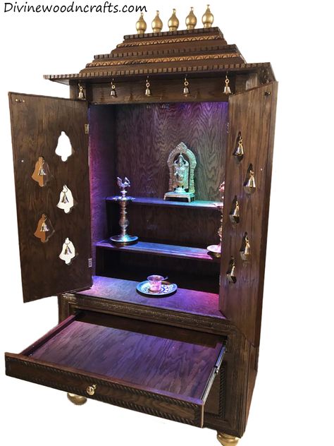 36" Closed Door Pooja Mandir Pooja Cupboard Ideas Indian, Mandir Design Small With Door, Pooja Mandir With Glass Door, Pooja Cupboard, Pooja Mandir With Doors, Dev Ghar, Stone Pooja Mandir, Wood Pooja Mandir, Pooja Mandir Usa