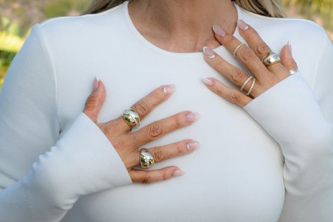 How to Stack Rings Like a Pro Wearing Multiple Rings, How To Stack Rings, Ring Stacking Ideas, Melinda Maria Jewelry, Melinda Maria, Ring Game, Stack Rings, Thick Ring, Tennis Shop