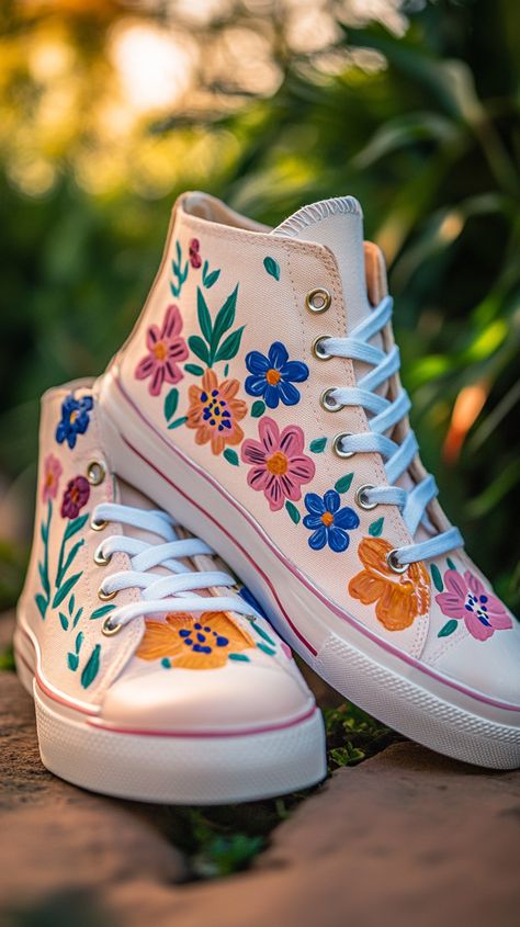 Hand-painted floral design on white high-top sneakers, in soft natural light. Captured with a Canon EOS R5 and RF 50mm f/1.2L lens, showcasing vibrant colors and intricate details. Hand Painted Canvas Shoes, Stain Glass Painting, Sharpie Shoes, Shoes Painting, Painting Shoes, Painted Canvas Shoes, Painted Sneakers, Floral Sneakers, Shoes Drawing