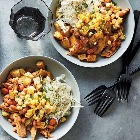 15-minute BBQ Chicken Bowls from EatingWell are the perfect healthy and hearty weeknight meal made with beans, coleslaw, potatoes, and BBQ Chicken – YUM!  • • • 📸: EatingWell Bbq Chicken Bowl, Easy Breakfast Brunch, Chicken Bowls, Lunch Appetizers, Quick Dinners, Cooking Chicken To Shred, Chicken Bowl, Dinner Plan, Healthy Eating For Kids