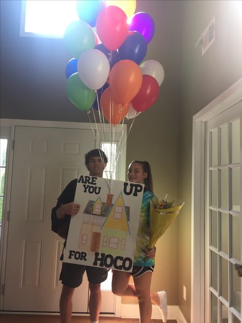 Hoco proposal UP Up Homecoming Proposal, Sadie Hawkins Proposals, Creative Prom Proposal Ideas, Sadies Proposal, Cute Hoco Proposals, Homecoming Poster Ideas, Cute Promposals, School Dance Ideas, Prom Posters