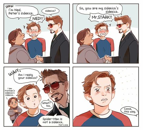 Meeting Mr. Stark Hallpen Deviantart, Ned Spiderman, Animated Avengers, Superfamily Avengers, Marvel Headcanon, Funny Marvel Memes, Avengers Comics, Marvel Avengers Funny, Avengers Memes