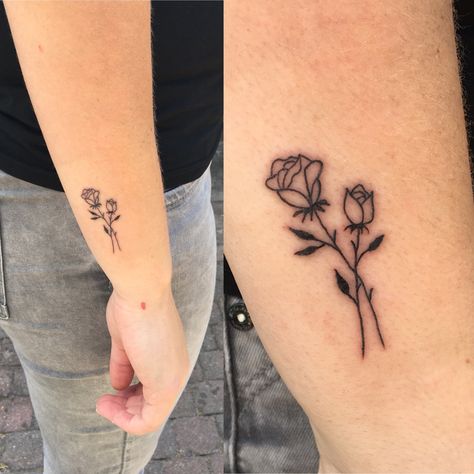 Small rose tattoo🌹 Rose And Rosebud Tattoo, Rose And Tulip Tattoo Design, Rose Couple Tattoo, Tulips And Roses Tattoo, Rose And Tulip Bouquet Tattoo, Tulip And Rose Tattoo, 3 Rose Tattoo, Double Rose Tattoo, 3 Roses Tattoo Design