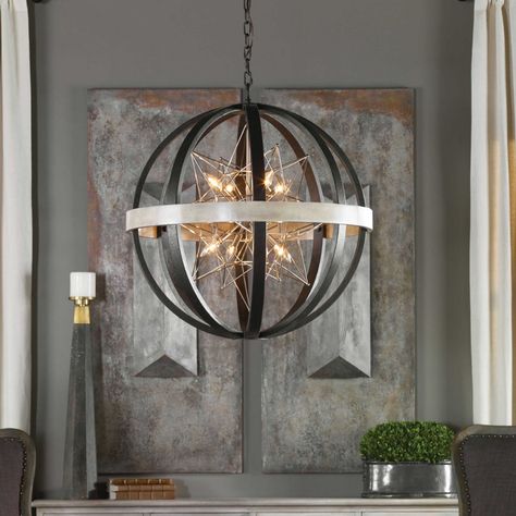 Polaris, 8 Lt Chandelier - Large | Uttermost Orb Chandelier, Statement Chandeliers, Wood Ceiling, Custom Drapery, Custom Window Treatments, Geometric Star, Large Chandeliers, Drapery Panels, Custom Windows