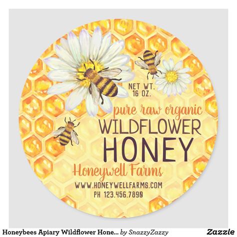 Apiary Design, Honey Bee Flowers, Honey Labels, Honey Label Design, Honey Jar Labels, Bee Decals, Honey Label, Wildflower Honey, Bee Farm