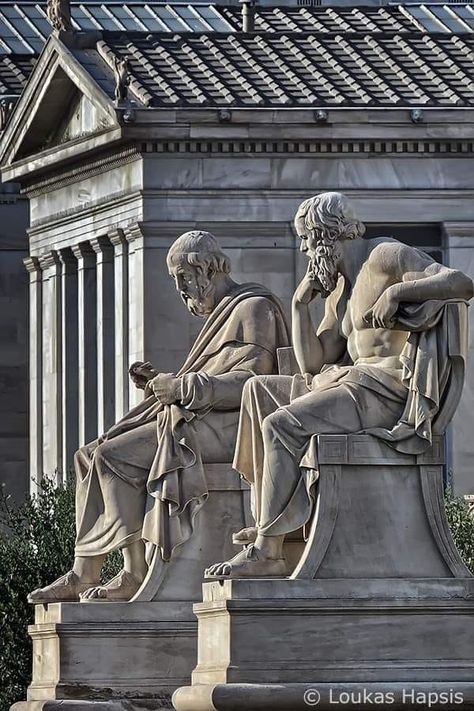 Seated marble figures of Plato and Socrates, which were executed "by the Italian sculptor Piccarelli. Academy of Athens Socrates, Athens Greece, Athens, Greece, Statue, Plato