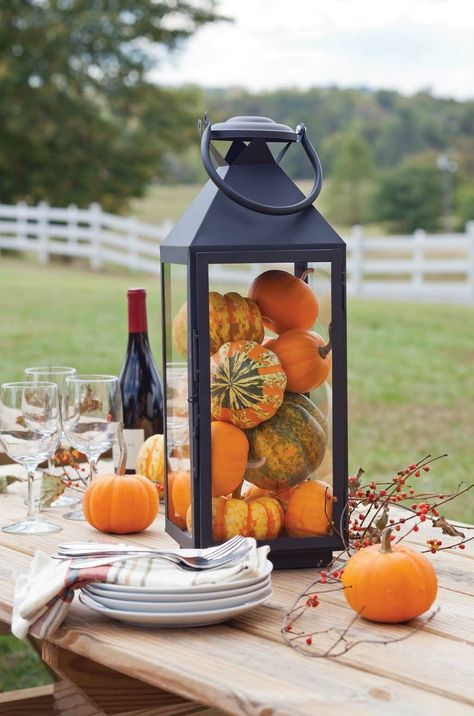 fall-lantern-decorating Huge Candles, Tafel Decor, Farmhouse Centerpiece, Fall Thanksgiving Decor, Fall Deco, Autumn Decorating, Thanksgiving Centerpieces, Farmhouse Fall Decor, Fall Decorations Porch