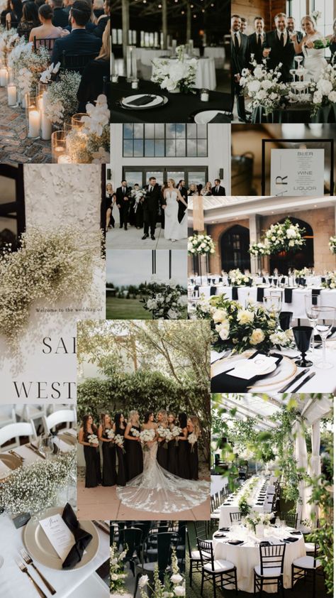 Wedding Themes Black And White, Black White And Olive Green Wedding, Black Summer Wedding Color Schemes, Vintage Mansion Wedding, Black And White Wedding Mood Board, Black Tie Themed Wedding, Wedding Theme Ideas Black, Old Money Theme Wedding, Classy Wedding Inspiration