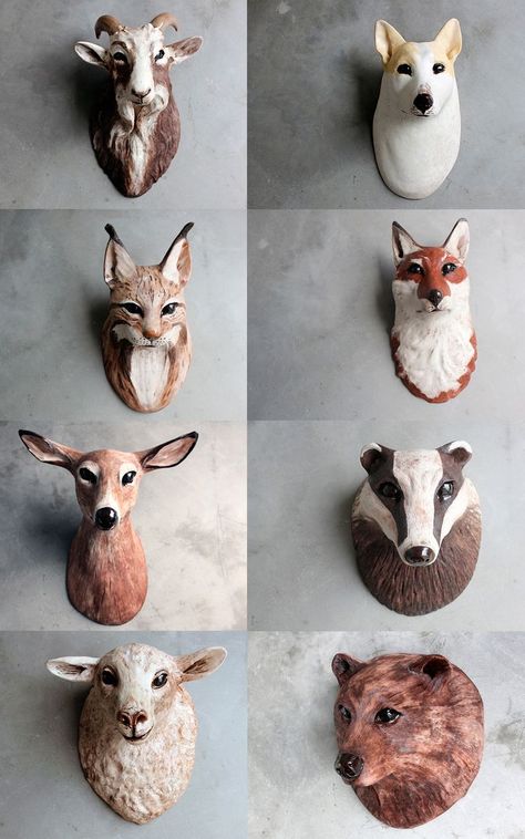 Paper Doll Wardrobe, Mask Making Ideas, Animal Head Sculpture, Ombre Techniques, Paper Mache Animal Head, Paper Mache Recipe, Easy Clay Sculptures, Paper Mache Projects, Paper Mache Animals