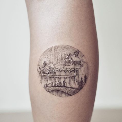 Lotr Fine Line Tattoo, Rivendell Tattoo, The Hobbit Tattoo, Jacob Tattoo, Hobbit Tattoo, Tolkien Tattoo, Thigh Piece Tattoos, Homely House, Lotr Tattoo