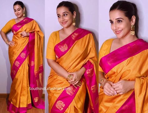 Pink Combination, Vidya Balan, Ethnic Sarees, Silk Cotton Sarees, Yellow And Pink, India Fashion, Pink Saree, Party Wear Sarees, Saree Styles