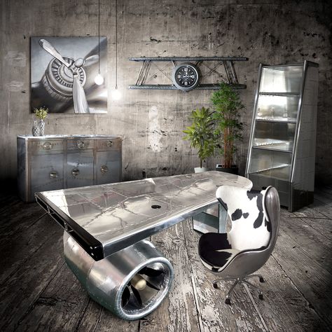 Inspired by early airplanes, especially World War II bombers, our Aviation furniture and décor will take your room to the next level.  (No pun intended.)  These high-quality pieces look great in man caves or lofts with urban, industrial, vintage, and retro themes.  All seating comes with 100% genuine leather and airplane-grade aluminum. Aviation Bedroom Ideas, Aviation Desk, Consultation Office, Aviation Office, Aircraft Furniture, Aviation Room, Aviation Furniture, Wood Slab Table, Aviation Decor