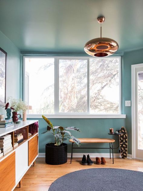 Entry Extension, Painted Entryway, Painted Ceilings, Eclectic Apartment, Entryway Makeover, Starting Fresh, Accent Wall Colors, Blue Ceilings, Neutral Furniture