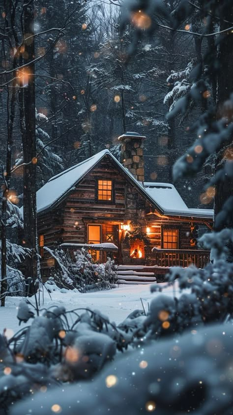 Cozy winter cabin in snow-covered forest, illuminated with warm light, chimney smoke rising, snowflakes falling - ideal retreat in nature Cozy Winter Cabin Aesthetic, Winter Cabin Aesthetic, Cozy Christmas Cabin, Cozy Winter Cabin, Log Cabin Christmas, Christmas Packages, Cabin Aesthetic, Wooden Cabin, Secluded Cabin