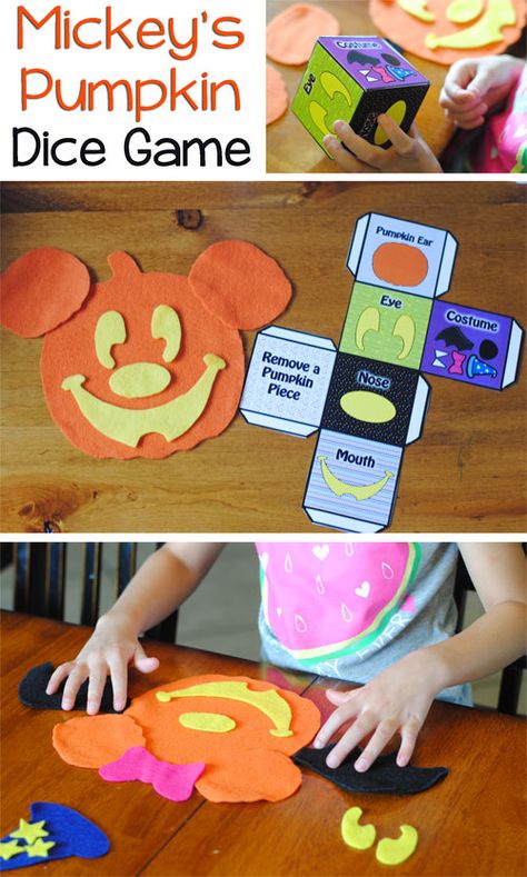 Halloween is just around the corner, so I decided to carve up a little bit of pumpkin fun today for our blog!  With this tutorial, you can create your very own Pumpkin Patch Mickey Game with just a few pieces of felt... Mickey Mouse Halloween Party Ideas, Disney Halloween Crafts For Kids, Pumpkin Dice Game, Disney Halloween Crafts, Halloween Fun For Kids, Countdown Chain, Kid Friendly Halloween Party, Pumpkin Game, Halloween Time At Disneyland