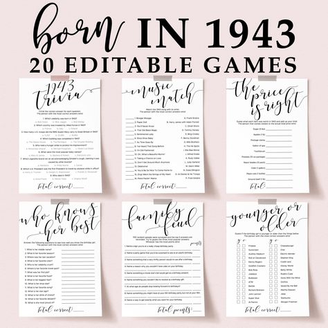 "Let's get our game on! There's no better way to celebrate a 80th birthday celebration than with these 1943 games. The 20 editable birthday games are perfect for a woman who's turning 80. Get your games instantly and have a blast at the birthday party. These calligraphy birthday games are editable directly in your browser, using the easy-to-use web application JetTemplate. After purchase, you will receive an access email from JetTemplate to access the files and edit the templates. Easily edit co 1993 30th Birthday, Dirty 30 Birthday Party Games, 30th Bday Games, 30 Birthday Games Ideas, 30 Birthday Party Games, 30th Birthday Party Games For Adults, 30th Party Games, 30th Birthday Games For Women, 30th Birthday At Home Ideas