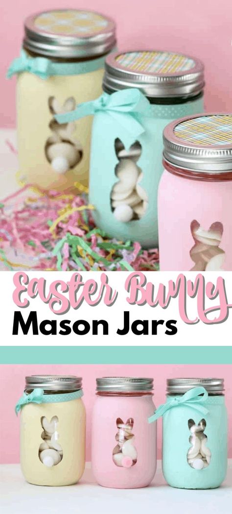 These Easter Bunny Mason Jars are perfect to fill with candy or votive candles and use them for Easter decor or as Easter gifts! #easter #eastercrafts #homemadegifts #masonjars #masonjarcrafts #springcrafts #spring #recycledcrafts Spring Mason Jar, Bottles Diy, Easy Easter Crafts, Wine Bottle Diy Crafts, Mason Jar Crafts Diy, Wine Bottle Diy, Mason Jar Lighting, Jar Diy, Cute Easter