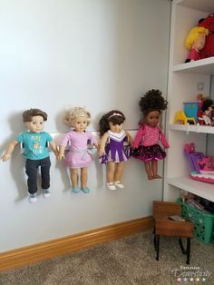 DIY American Girl Doll Holder - keep 18 inch dolls organized and displayed American Doll Play Area, Storing Doll Accessories, How To Organize Doll Clothes, 18in Doll Storage, American Doll Storage Ideas Organizing, Storage For Dolls, Doll Organization Ideas Diy, Babydoll Organization Ideas, Doll House For 18inch Dolls Diy