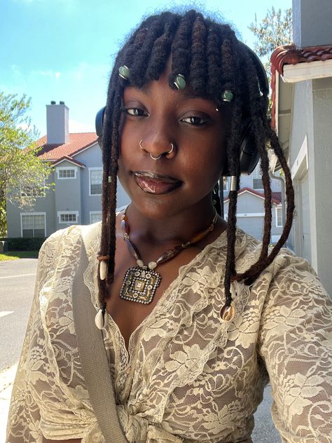 Loc With Bangs, Fairy Locs With Bangs, Dread Bangs, Bangs With Locs, Locs With Bangs Black Women, Loc Styles With Bangs, Loc Bangs Styles, Loc Mullets, Locs With Charms