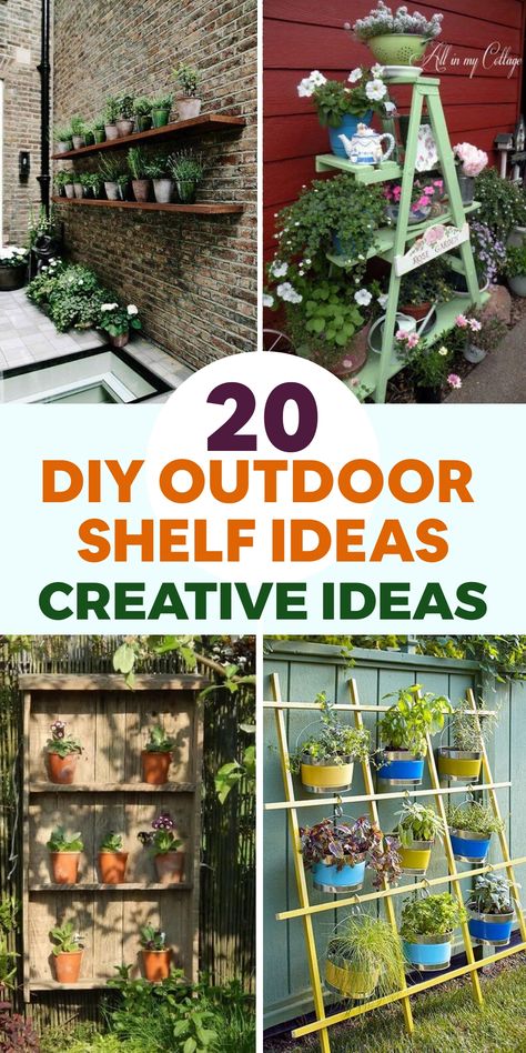 Upgrade your outdoor area with innovative DIY outdoor shelf concepts that not only optimize space but also bring a dash of elegance to your garden, patio, or balcony. Construct a charming wooden shelf from upcycled pallets or driftwood to seamlessly blend with nature, transform old ladders or crates into an unconventional tiered shelving unit for a unique storage solution, or fashion a hanging plant shelf using macrame or rope for a trendy bohemian vibe that highlights your gardening skills. Garden Shelf Ideas Outdoor, Diy Outdoor Shelf, Outdoor Shelf Ideas, Outdoor Bookshelf, Diy Plant Shelf, Plant Shelves Outdoor, Outdoor Shelf, Hanging Plant Shelf, Diy Container