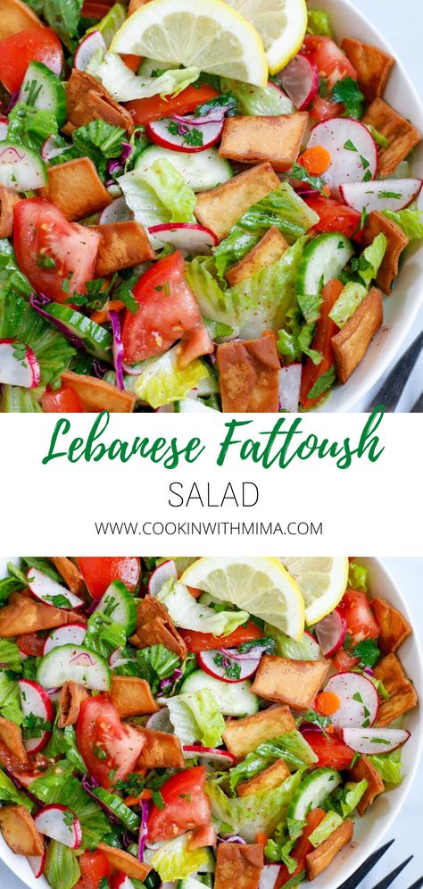 Fatush Salad Recipes, Fatoosh Salad Recipe, Lebanese Sides, Lebanese Side Dishes, Lebanese Vegetables, Lebanese Salad Recipes, Lebanese Salads, Fattoush Salad Dressing, Fatoosh Salad