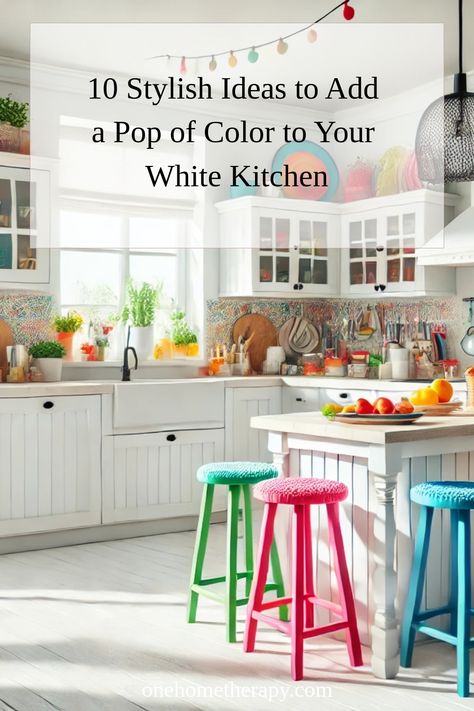 Brighten up your white kitchen with our blog post, "10 Stylish Ideas to Add a Pop of Color to Your White Kitchen"! 🌈 From vibrant backsplashes to colorful accents, discover creative ways to transform your space. Click to learn more and get inspired to infuse charm and personality into your kitchen. Don't miss out! #HomeDecor #KitchenDesign #InteriorIdeas #ColorfulKitchens Colourful White Kitchen, White Kitchen Colorful Accents, Add Colour To White Kitchen, White Kitchen Accent Color, Bright Kitchen Decor Ideas, How To Add Color To A White Kitchen, Adding Color To White Kitchen, White Kitchen With Color, Bright Kitchen Decor