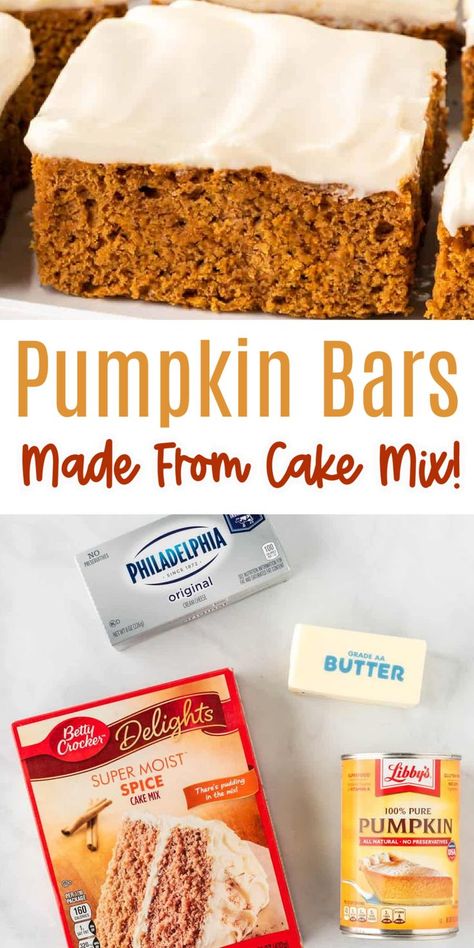 Cake Mix Pumpkin Bars, Spice Cake Mix Recipes, Cake Mix Pumpkin, Easy Pumpkin Bars, Pumpkin Cake Mix, Moist Spice Cake, Homemade Cream Cheese Frosting, Spice Cake Mix And Pumpkin, Boxed Cake Mixes Recipes