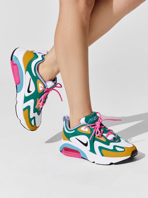 NIKE Women's Air Max 200 Mystic green/White gold suede light current blue pink blast med violet PERFORMANCE SNEAKERS Colorful Nike Shoes, Nike Air Max 200, Air Max 200, Colorful Sneakers, Air Max Women, Colorful Shoes, Activewear Fashion, Sneakers For Women, Womens Athletic Shoes