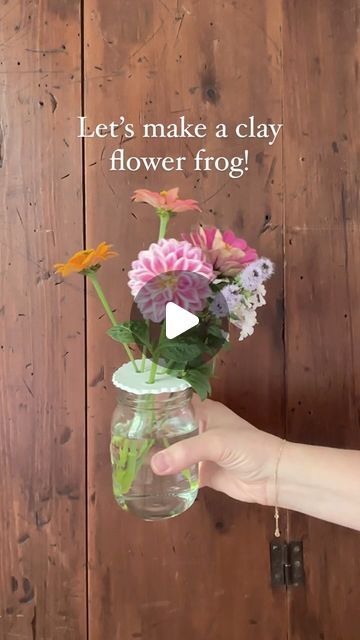 Dina on Instagram: "This clay flower frog is such a simple DIY, anyone can do it!  It fits perfectly on top of my thrifted mason jars to make a sweet gift with my garden blooms. . . Will you try it? . . #flowerfrog #diyproject #florals #flowerarranging #flowercrafts #simpleliving" Clay Flower Frog, Frog Tutorial, Clay Flower, Flower Frog, Polymer Clay Flowers, Sweet Gifts, Simple Living, My Garden, Simple Diy