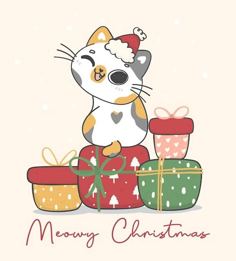 Vector cute happy naughty calico kitten ... | Premium Vector #Freepik #vector #christmas-cat #meow #funny-christmas #christmas-tree-drawing Cards With Cats, Doodle Vector, Calico Kitten, Animal Character, Christmas Cartoon, Meowy Christmas, Christmas Gift Card, Cute Happy, Tree Drawing