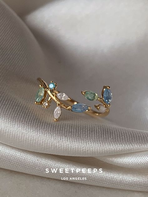 Midnight Blue Leaf Ring Blue And Gold Rings, Korean Rings, Classy Rings, Blue Wedding Jewelry, Womens Rings, Pretty Jewelry Necklaces, Blue Ring, Classy Jewelry, Leaf Ring