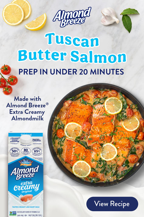 This Tuscan Butter Salmon recipe is full of flavor and bound to impress. Made with Almond Breeze®.   Tap the Pin to view the recipe. Tasty Dinner Recipes, Tuscan Butter, Smoked Salmon Chowder, Salmon Chowder, Almond Breeze, Butter Salmon, Lemon Salmon, Salmon Seasoning, Tasty Dinner