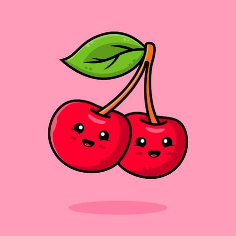 Cute smiling cherry cartoon icon illustr... | Premium Vector #Freepik #vector #cherry #cherry-background #food-character #cartoon-design Cherry Cartoon Drawing, Cherry Illustration Cute, Cherry Character Design, Cute Cherry Drawing, Cute Fruit Drawings, Cartoon Cherries, Cherry Character, Cherry Cartoon, Cherry Background