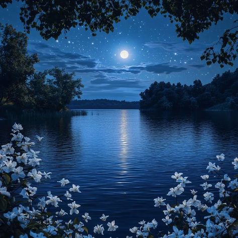 Moonlit reflections and the gentle bloom of jasmine by the lake 🌸🌙✨ #MidnightBlossoms #LakeVibes #JasmineFlowers Moonlight Flowers, Moonlit Lake, Moonlight Reflection, Lake Landscape, By The Lake, Moon Flower, E Type, Mood Boards, Blossom