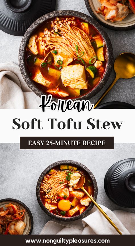 This Korean tofu stew recipe is the best warm and comforting soup you can make at home! Loaded with savoury broth, velvety soft tofu, and flavourful vegetables, this delicious and easy Korean dish will warm you up from the inside out. Make this rich and flavourful tofu soup, also known as soondubu jjigae, for a quick and satisfying meal that's perfect for any day of the week. The perfect balance of spicy and savoury, this soft tofu stew is a must-try for any Korean food lover. Soft Tofu Stew Korean, Kimchi Soft Tofu Stew, Soup Recipes Korean, Easy Vegetarian Korean Recipes, Tofu In Soup Recipes, Korean Witch Stew, Korean Stew (jjigae), Korean Tofu Soup Recipe, Vegan Korean Soup