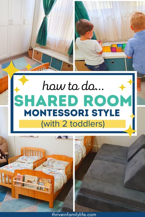 Two Floor Beds One Room, Montessori Twin Bedroom, Age Gap Shared Bedroom, Montessori Bedroom Twins, Small Sibling Room Ideas, Small Boys Shared Bedroom, Boy Girl Toddler Room Shared Bedrooms, Toddler Boy Girl Shared Room Ideas, Toddlers Sharing Bedroom