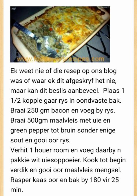 Eenskottel Geregte, Rainy Recipes, Maalvleis Geregte, Minced Beef Recipes Easy, Quick Cheap Meals, Minced Beef Recipes, Rock Recipes, Rice Side Dishes, Mince Recipes