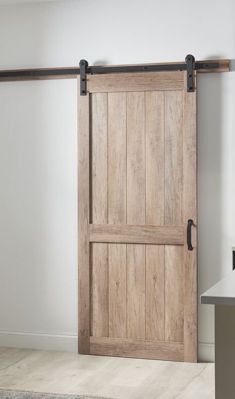 2 panel barn door kit from Masonite Bathroom Designs 2023, Barn Door Diy, Bedroom Barn Door, Barnyard Door, Barn Door Pantry, Bathroom Barn Door, Farm Door, Wooden Barn Doors, Barn Doors Interior