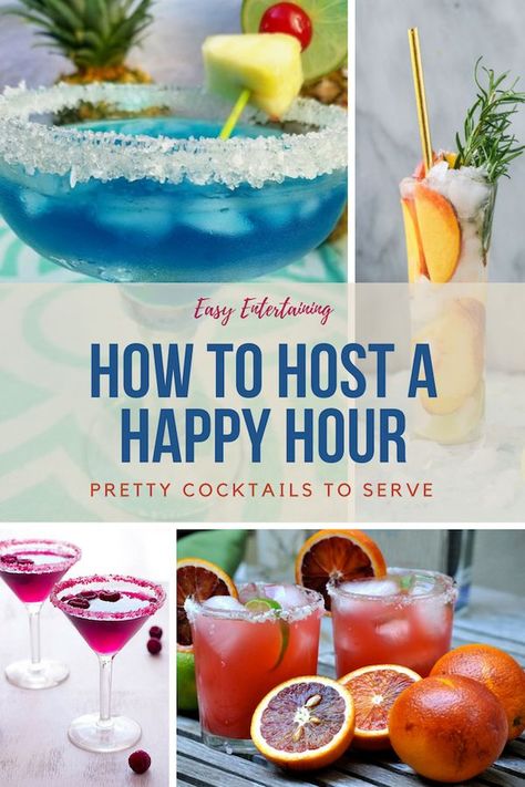 Whip up some appetizers and craft a pretty signature cocktail. Happy hour entertaining is easy. Here are cocktail ideas to help you entertain friends with a happy hour at home party. #entertaining #partyideas #cocktails #drinks Happy Hour Decorations, Backyard Happy Hour Ideas, Hosting Happy Hour, Happy Hour Ideas Parties, Happy Hour Party Ideas At Home, Happy Hour Theme Party Ideas, Happy Hour Party Ideas, Themed Cocktail Party Ideas, Cocktail Theme Party Ideas