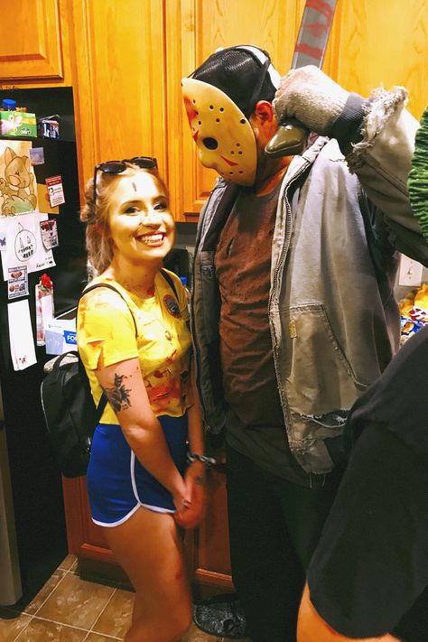 Jason Voorhees Couple Costume, Jason And Camp Counselor Costume, Crystal Lake Counselor Costume, Camp Crystal Lake Counselor Costume, Camp Counselor Costume, Jason Vorhees Costume, Jason Voorhees Halloween Costume, Camp Crystal Lake Counselor, Horror Halloween Costumes